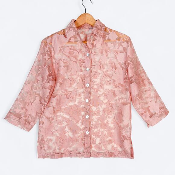 Pale Pink Sheer Floral Mother of Pearl Shell Button Blouse Women's M 3/4 Sleeve - Picture 1 of 7